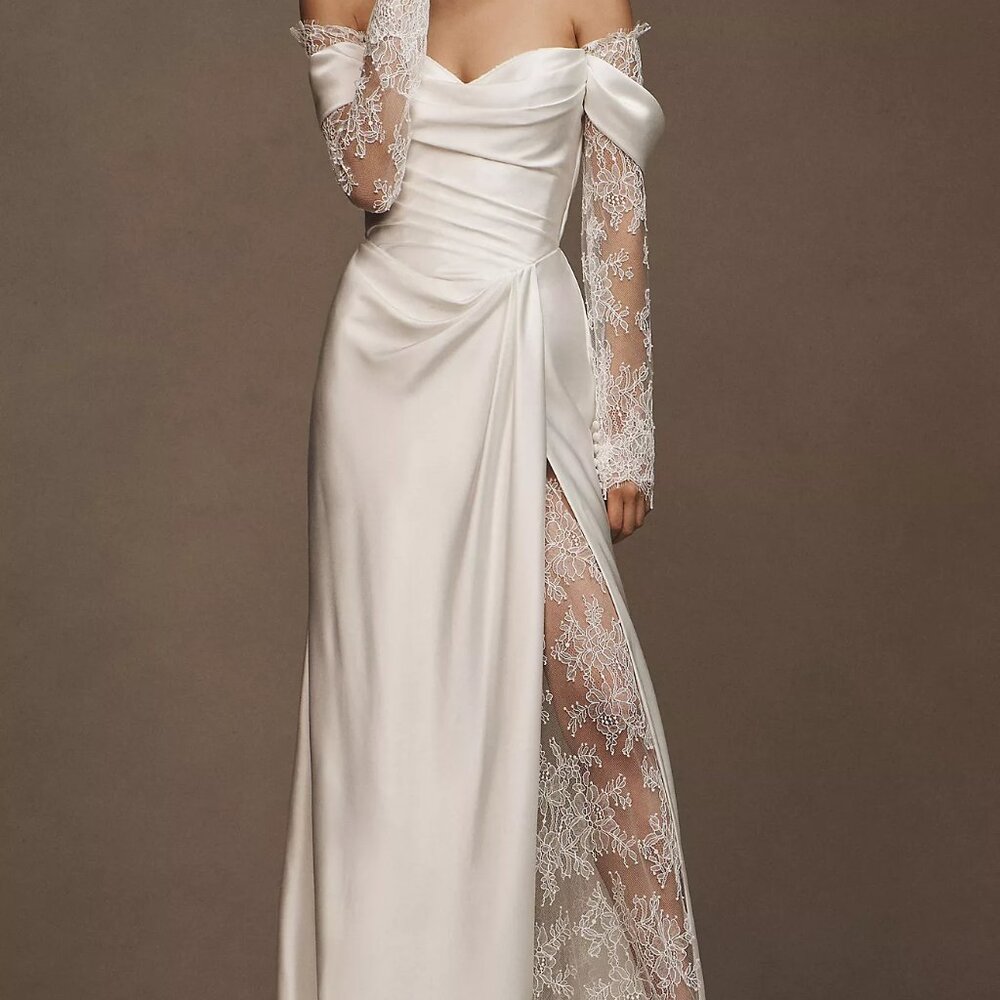 IN SEARCH OF Watters Harlow Off-The-Shoulder Satin & Lace Wedding Gown